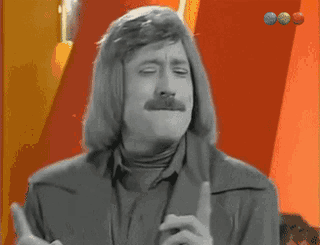a man wearing a wig and a mustache is making a funny face