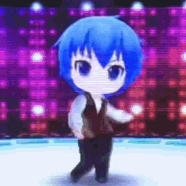 a chibi character with blue hair is dancing on a stage .