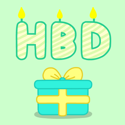 a cartoon drawing of a gift box with the words hbd written above it