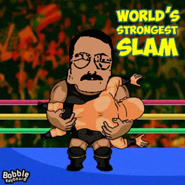 a cartoon of a wrestler with the words world 's strongest slam
