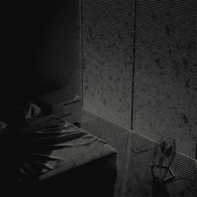 a bed in a dark room with a fan in the corner