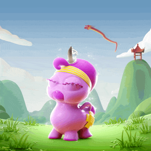 a purple unicorn wearing a yellow headband is standing in the grass