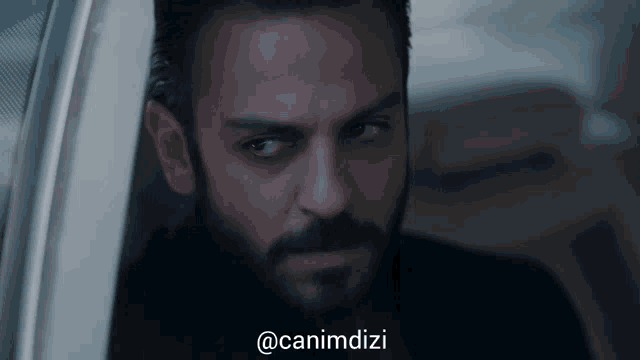 a man with a beard looks out of a car window with the hashtag @canimdizi