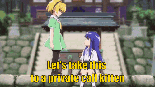 two anime girls are standing next to each other with the words let 's take this to a private call kitten above them