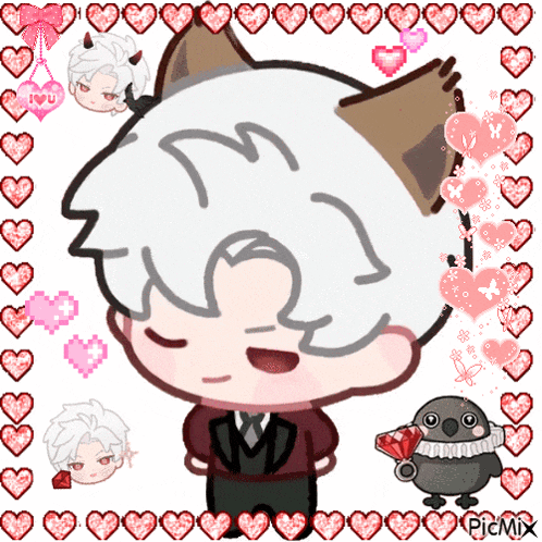 a drawing of a boy with a cat ear and hearts around him with the word picmix at the bottom