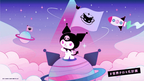 a cartoon drawing of a cat holding a flag and a rocket