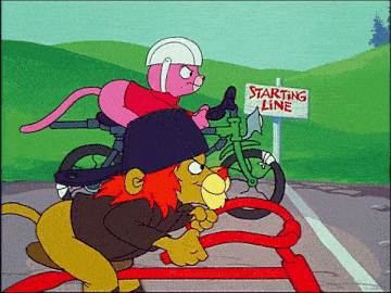a cartoon of a lion riding a bike next to a sign which says starting line
