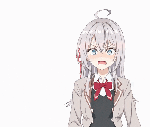 a girl with gray hair and a red bow tie is making a funny face