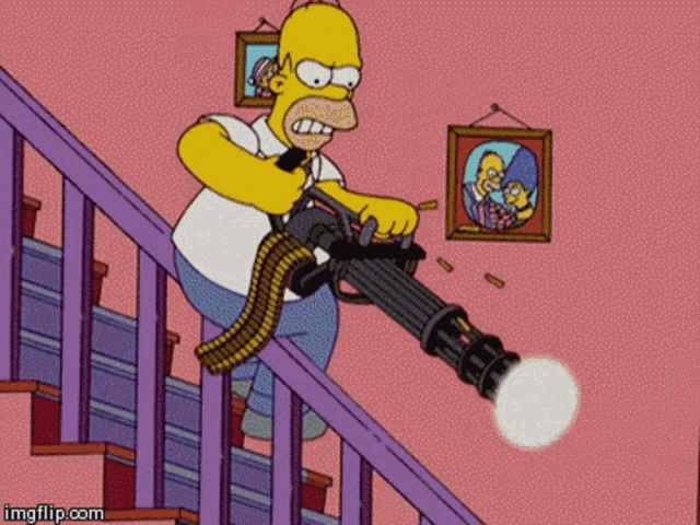 a cartoon of homer simpson holding a machine gun on the stairs
