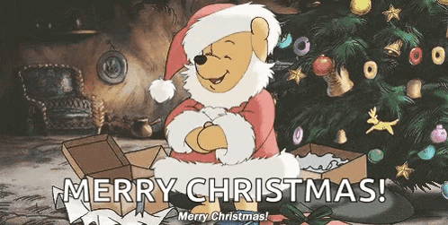 a cartoon of winnie the pooh dressed as santa claus is standing in front of a christmas tree .