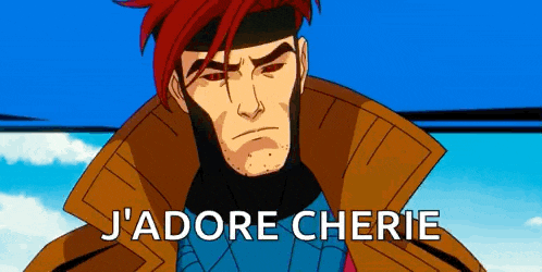 a cartoon character with red hair is standing in front of a blue sky and the words `` j 'adore cherie '' .