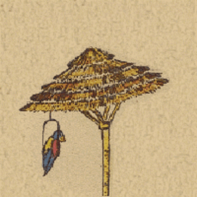 a drawing of a straw umbrella with a bird on top