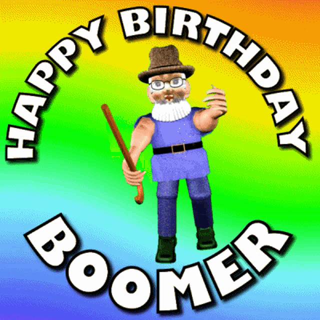 a happy birthday boomer poster with a cartoon character