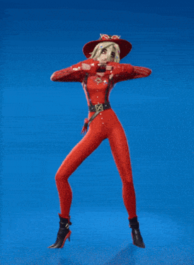 a woman in a red outfit and hat is dancing
