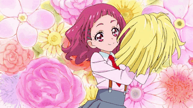 a cartoon girl with pink hair is holding a yellow pom pom