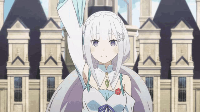 a girl with white hair is standing in front of a castle