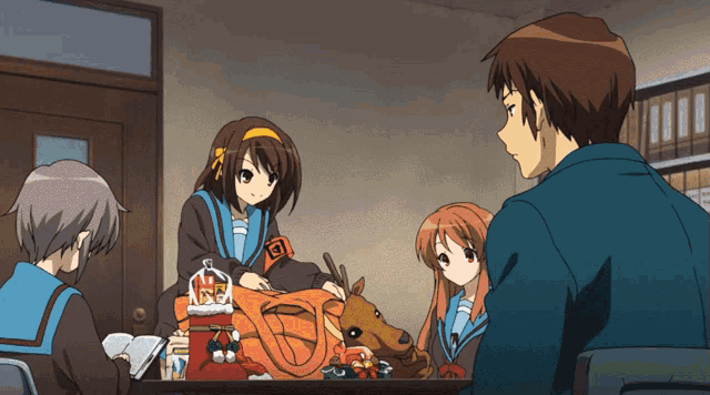 a group of anime characters are gathered around a table with one girl wearing a badge that says " r "