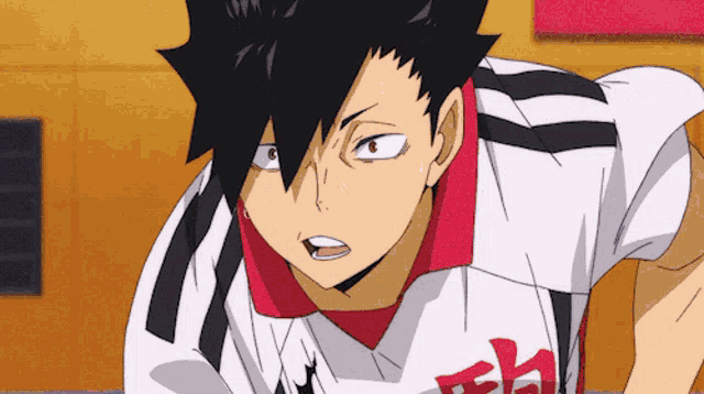 a black haired anime character wearing a white shirt with chinese writing