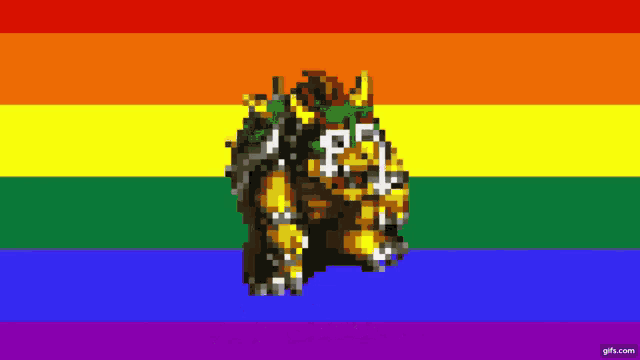 a pixel art of bowser with the words gay bowser written below him