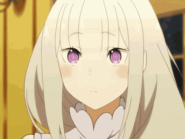 a close up of a girl with purple eyes