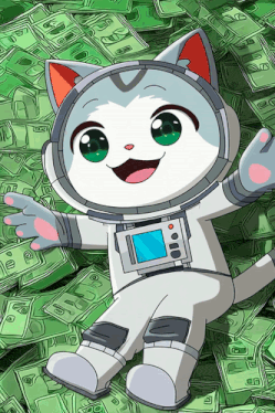 a cat in a space suit is laying on a pile of green money