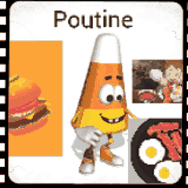 a cartoon illustration of a candy corn mascot with the word poutine above it