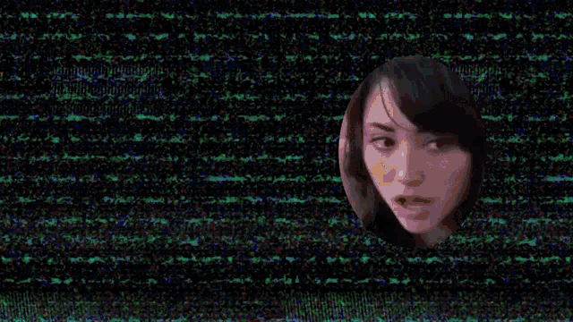 a woman 's face is in a circle on a colorful striped background