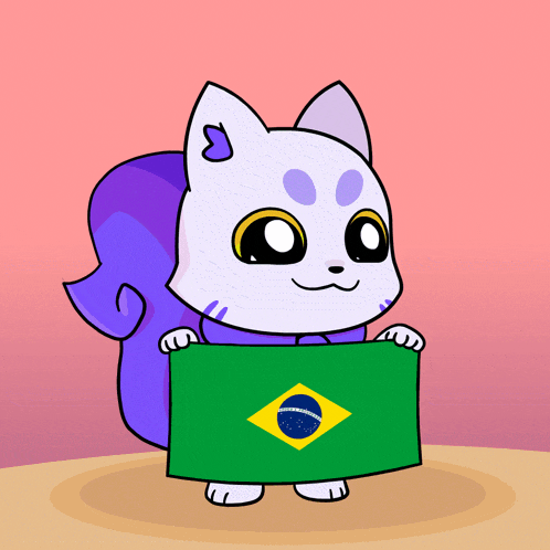 a cartoon cat with a purple tail is holding a green flag