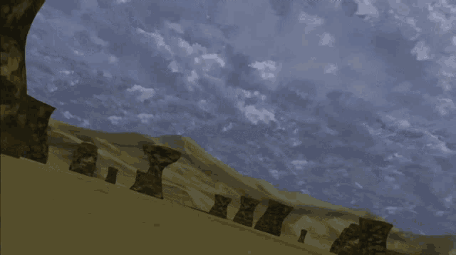a computer generated image of a desert with mountains in the background and a large sphere in the sky