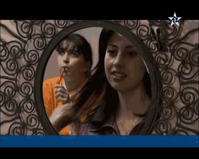 two women are looking at their hair in a mirror with a star on the bottom right