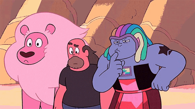 three cartoon characters are standing next to each other including a pink lion and a purple man
