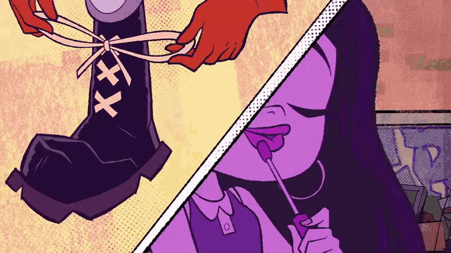 a cartoon drawing of a person tying a shoe and another drawing of a girl applying lip gloss