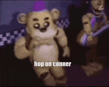 a teddy bear wearing a purple hat is dancing in a dark room .