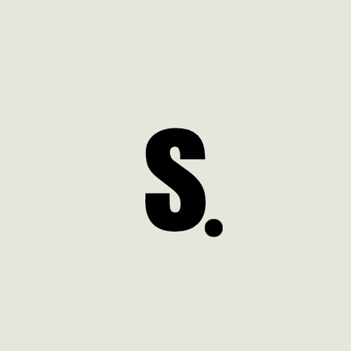a black letter s with a white dot on a white background .