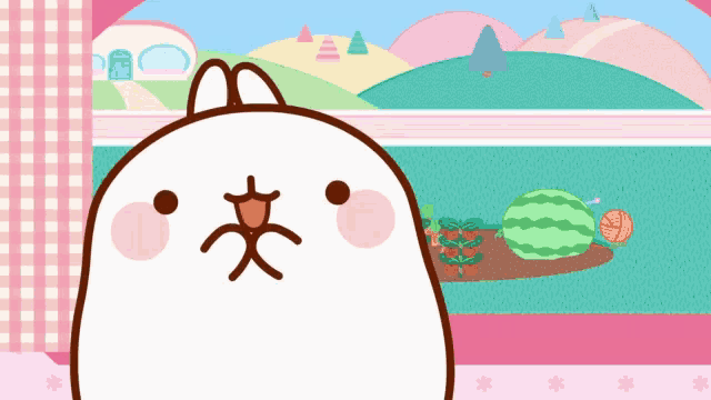 a cartoon of a rabbit looking out a window at watermelons