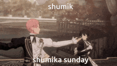 two anime characters are dancing with the words shumik and shumika sunday