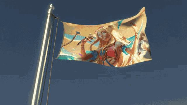 a flag with a picture of a woman on it is waving in the wind