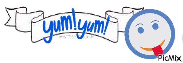 a picture of a smiley face with a tongue sticking out next to a banner that says yum yum
