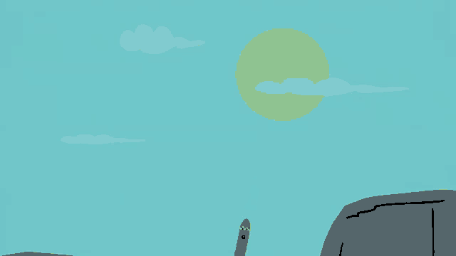 a rocket is flying through a blue sky with a yellow sun behind it