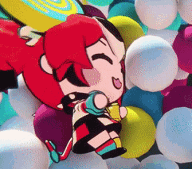a cartoon character with red hair is surrounded by balloons