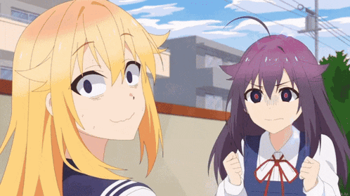 two anime girls are standing next to each other and one has a purple hair color