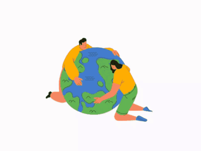 a man and a woman hugging a globe in a circle of leaves