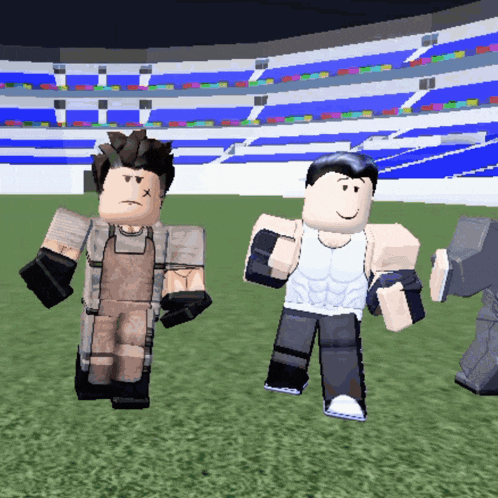 a group of roblox characters are standing on a field in front of a stadium