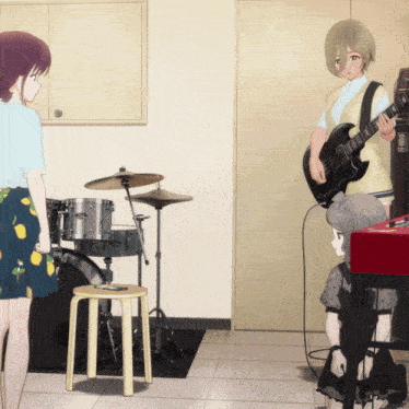 a girl playing a guitar in front of a drum set and a keyboard