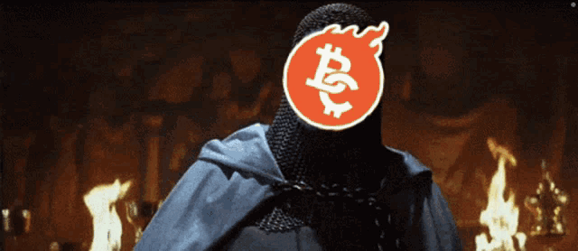 a knight with a red circle with a bitcoin symbol on his face
