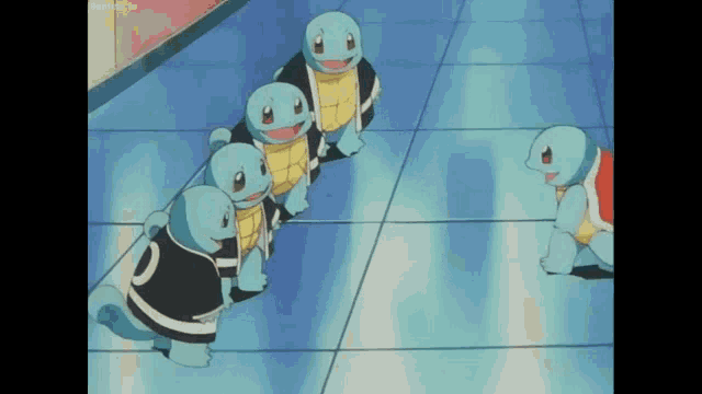 a group of cartoon turtles are standing in a row and one has the number 0 on its back