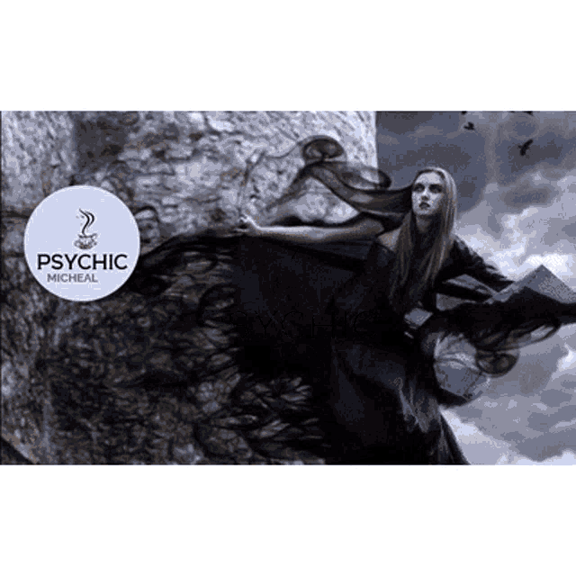a woman in a black dress with a psychic micheal logo