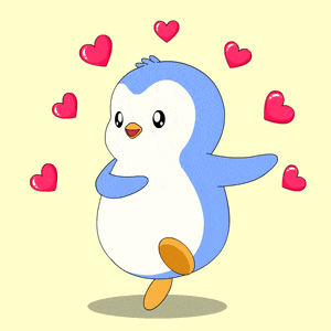 a blue penguin is surrounded by pink hearts