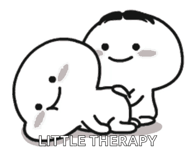 two cartoon characters are sitting next to each other with the words `` little therapy '' written below them .
