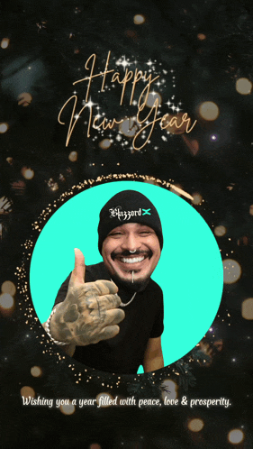 a happy new year greeting card with a man in a blizzard hat